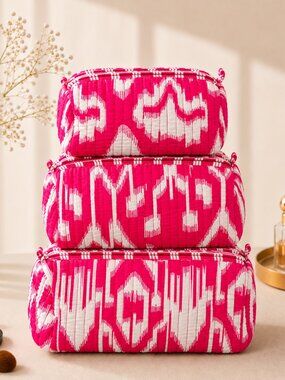 Set of 3 Magenta Pink Ikat Print Cosmetic Pouch Quilted Cotton Toiletry Bag